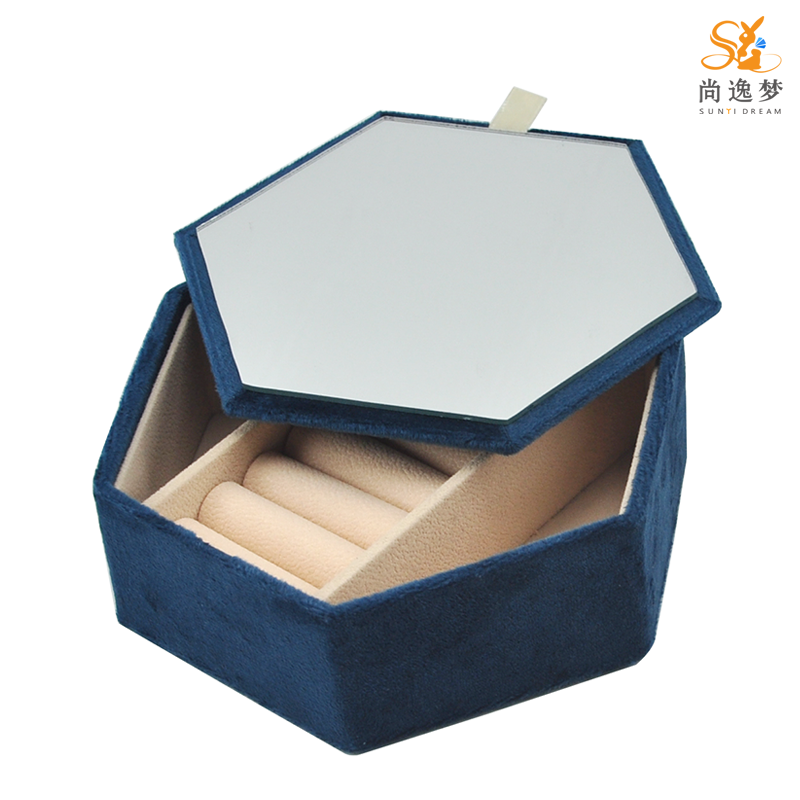 Plugin Mirror Lid Velvet Covered Wood Frame Cosmetics Storage Box